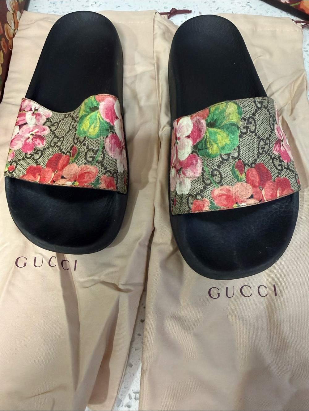 Gucci Floral GG Slide Sandals - Black with Pink & Green Floral Strap